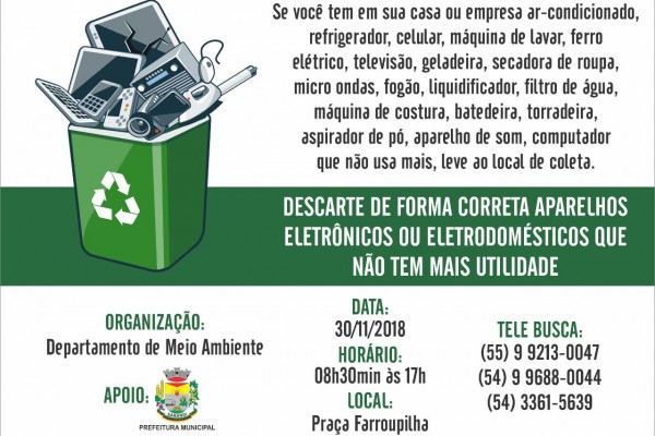 Departamento de Meio Ambiente fará coleta de lixo eletrônico no dia 30 de novembro